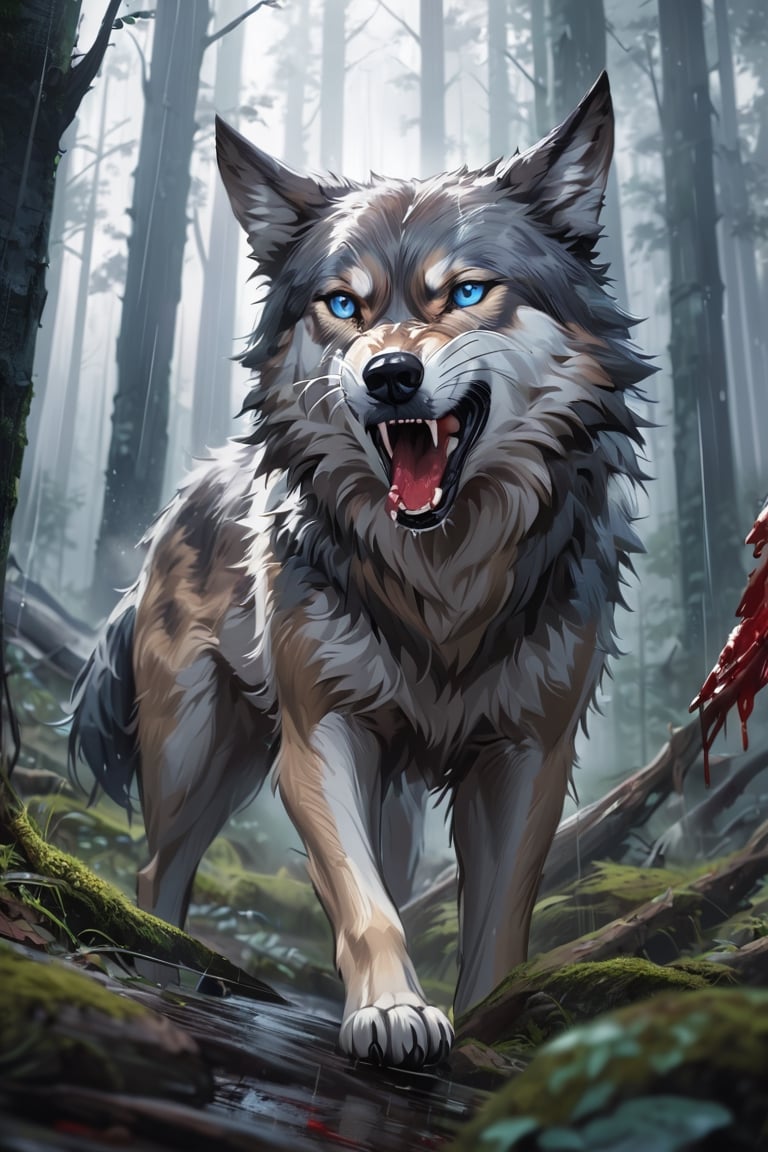 Angry,wolf,bloody,realistic,detailed, wild,rainy forest, beautiful image,4k,blue_eyes,mouth_open, hunting deer,anime