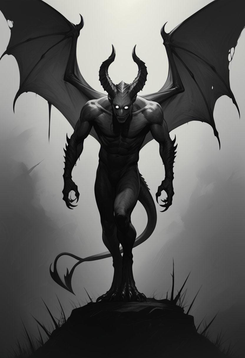 score_9, score_8_up, score_7_up,
txzndevil, solo, 1boy, monochrome, greyscale, male focus, wings, horns, no humans, claws, demon wings, monster, demon, horror \(theme\),masterpiece