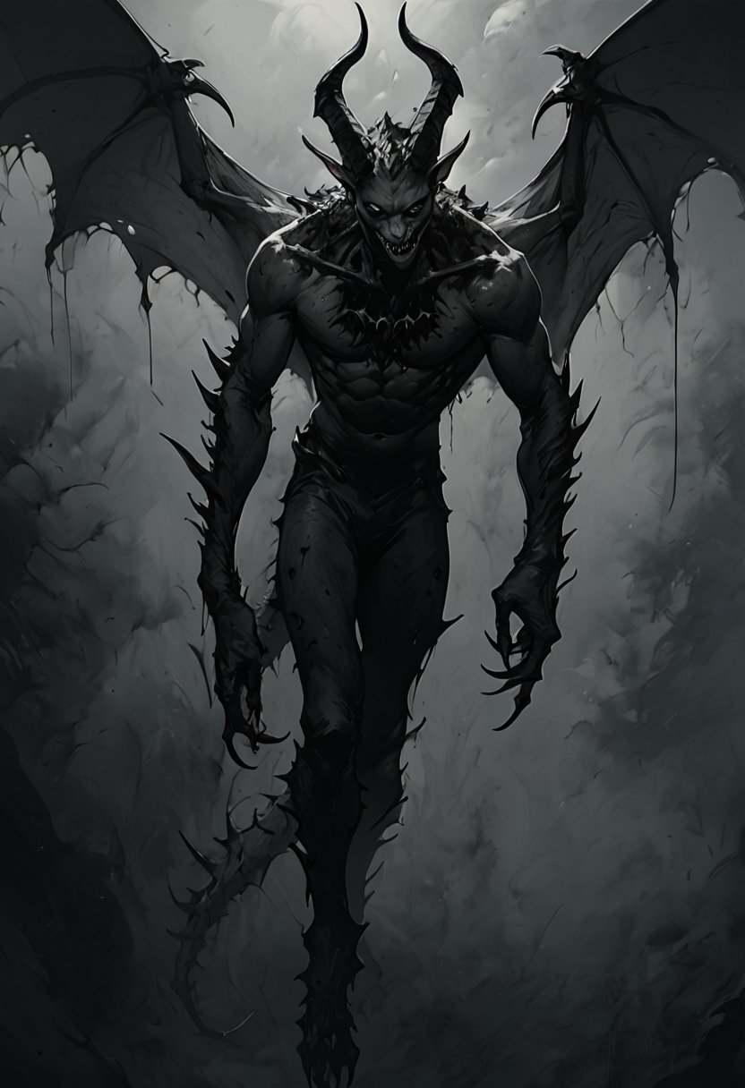 score_9, score_8_up, score_7_up,
txzndevil, solo, 1boy, monochrome, greyscale, male focus, wings, horns, no humans, claws, demon wings, monster, demon, horror \(theme\),masterpiece,tag score