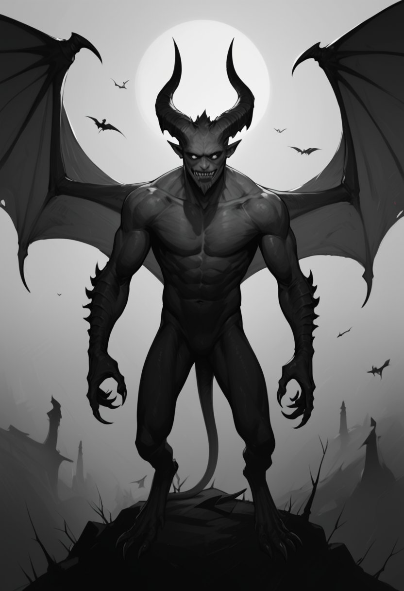 score_9, score_8_up, score_7_up,
txzndevil, solo, 1boy, monochrome, greyscale, male focus, wings, horns, no humans, claws, demon wings, monster, demon, horror \(theme\)