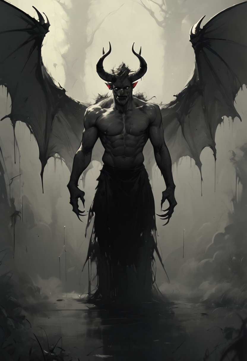 score_9, score_8_up, score_7_up,
txzndevil, solo, 1boy, monochrome, greyscale, male focus, wings, horns, no humans, claws, demon wings, monster, demon, horror \(theme\),