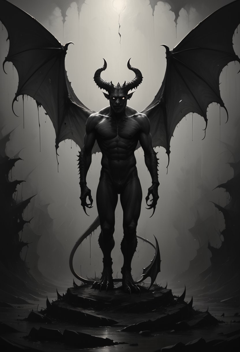 score_9, score_8_up, score_7_up,
txzndevil, solo, 1boy, monochrome, greyscale, male focus, wings, horns, no humans, claws, demon wings, monster, demon, horror \(theme\),