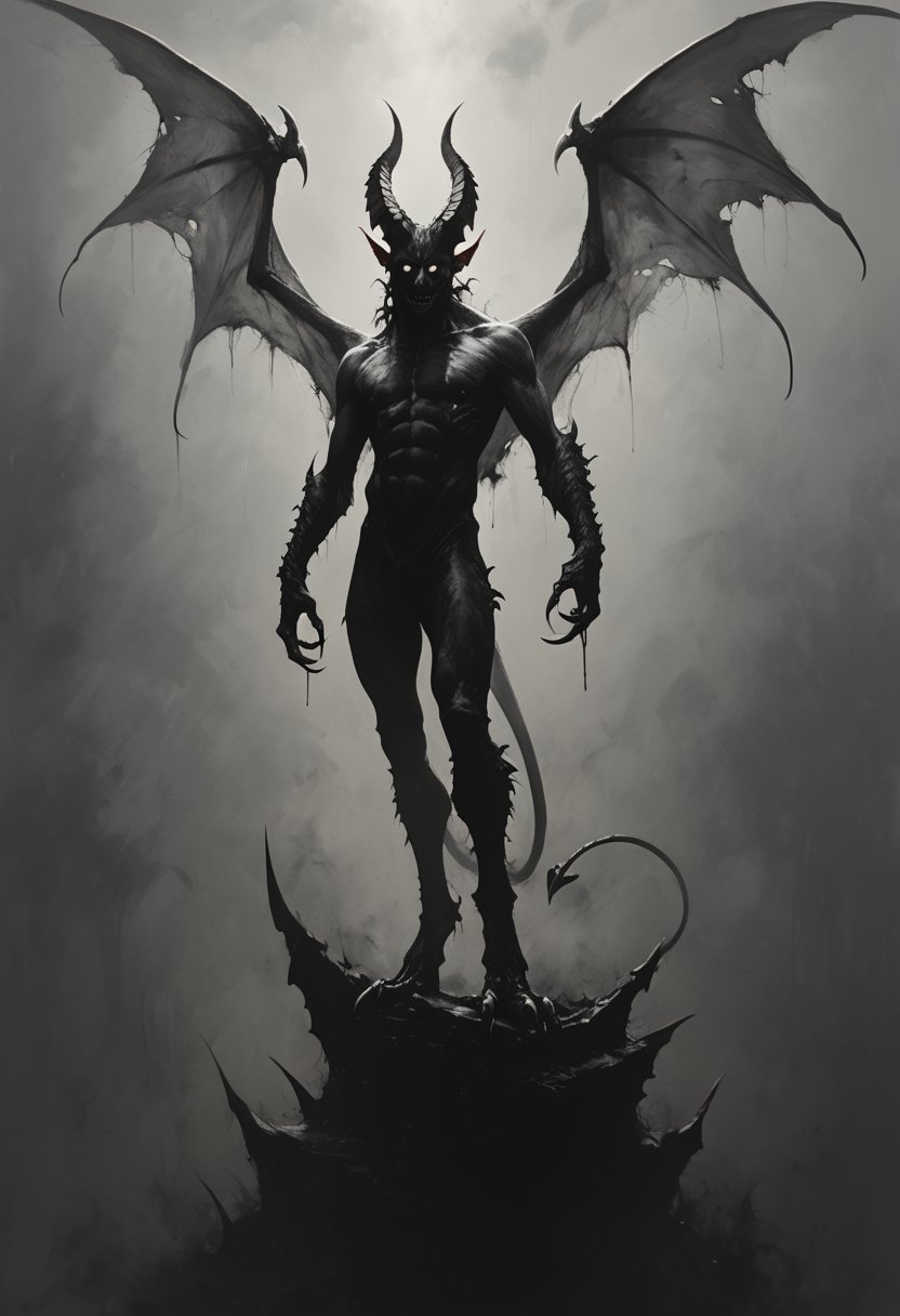 score_9, score_8_up, score_7_up,
txzndevil, solo, 1boy, monochrome, greyscale, male focus, wings, horns, no humans, claws, demon wings, monster, demon, horror \(theme\),masterpiece,tag score,score_tag