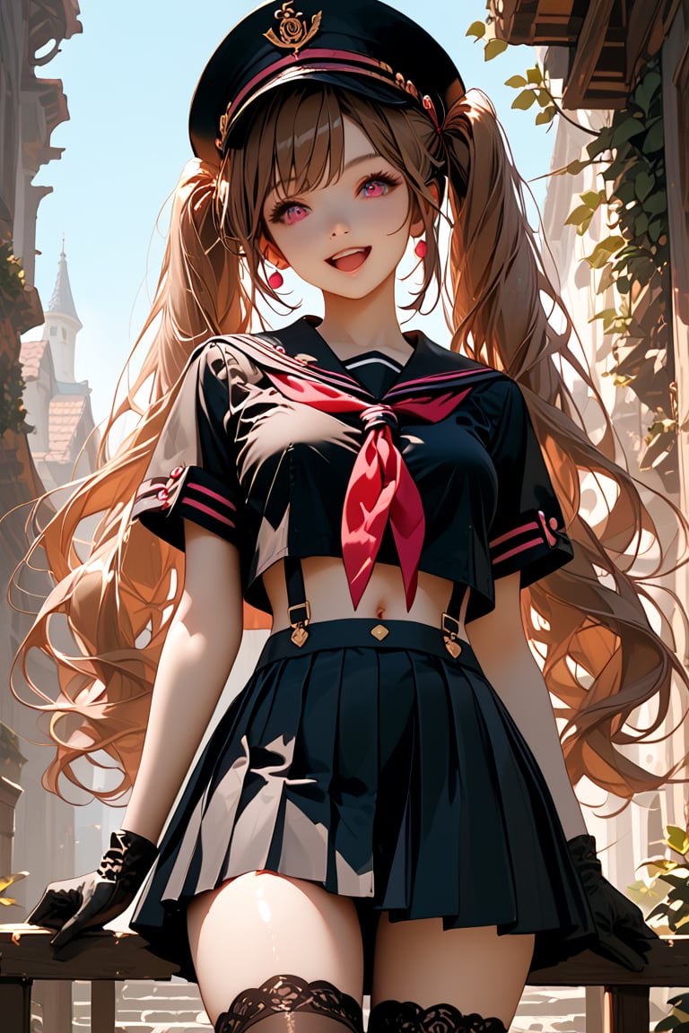 score_9, score_8_up, score_7_up, 
1girl, solo, , pink eyes, brown hair, twintails, very long hair, bangs, black headwear, hat, sailor collar, serafuku, red neckerchief, black shirt, crop top, short sleeves, navel, midriff, suspenders, pleated skirt, black skirt, thighhighs, black gloves, smile, open mouth, looking at viewer