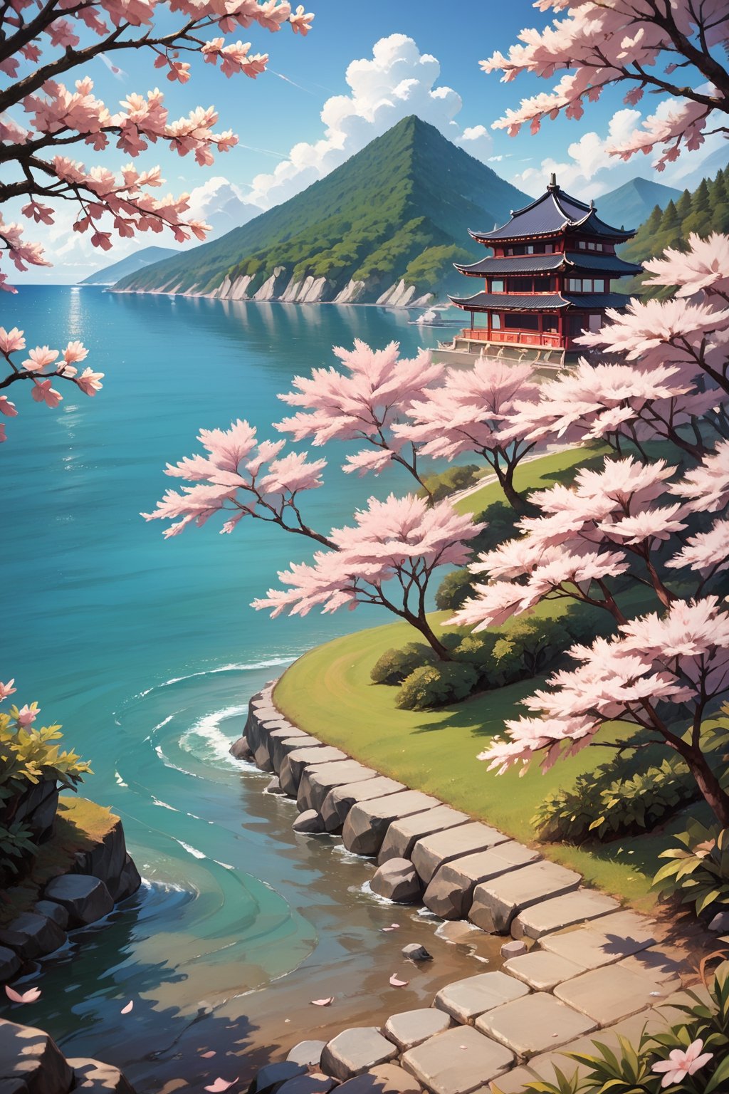 score_9, score_8_up, score_7_up, score_6_up,flower, outdoors, , no humans, owsstyle, traditional Japanese buildings, cherry blossom trees, sea, rocks, Mount Fuji,