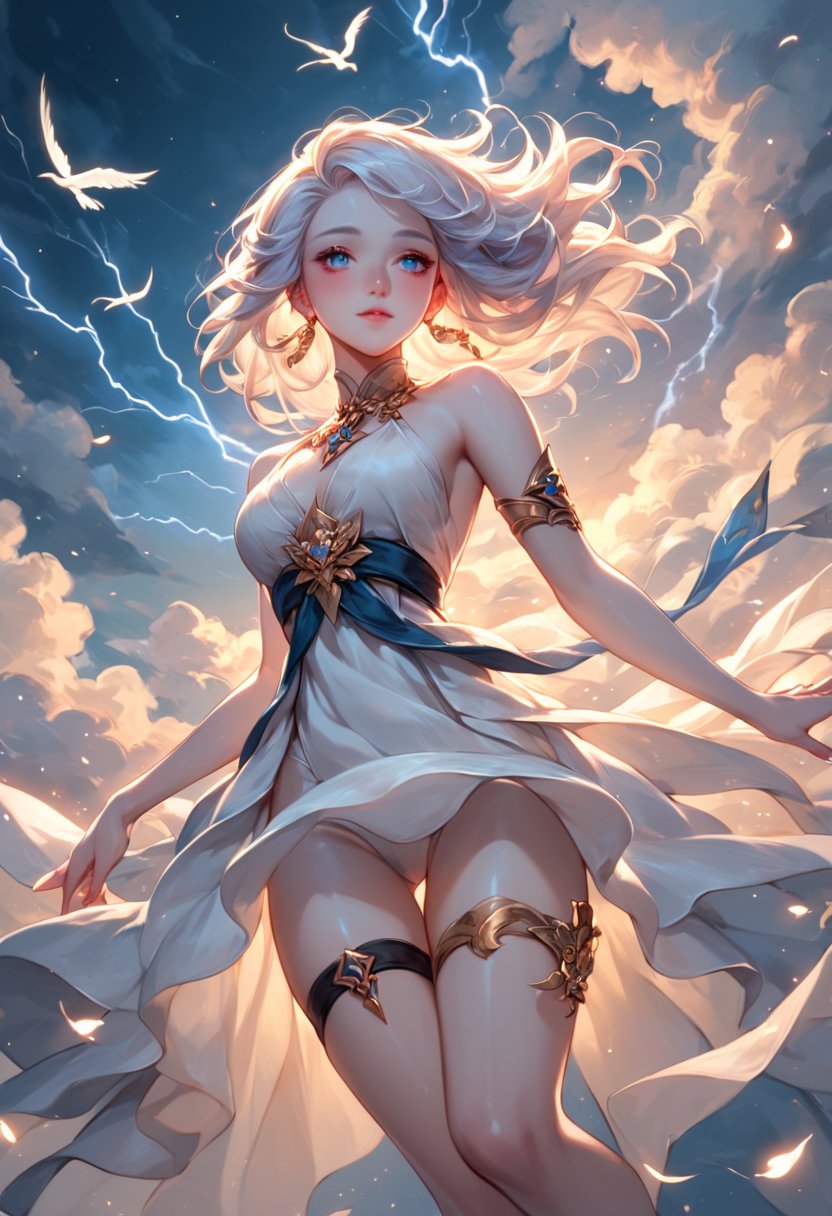 score_9, score_8_up, score_7_up, score_6_up,
1 girl, Air Elemental girl, swirling air, hovering among the clouds, air, gold jewelry, thigh strap, shiny skin, blush, beautiful face, blue eyes, white hair, floating hair, gentle breeze, white skin, white sexy sheer dress, dutch angle, bottomless, pink fingernails, moonlight, stormlight, flying leaves, lightning, wind, swirling wind currents, lightning bird, magical elements, high fantasy  