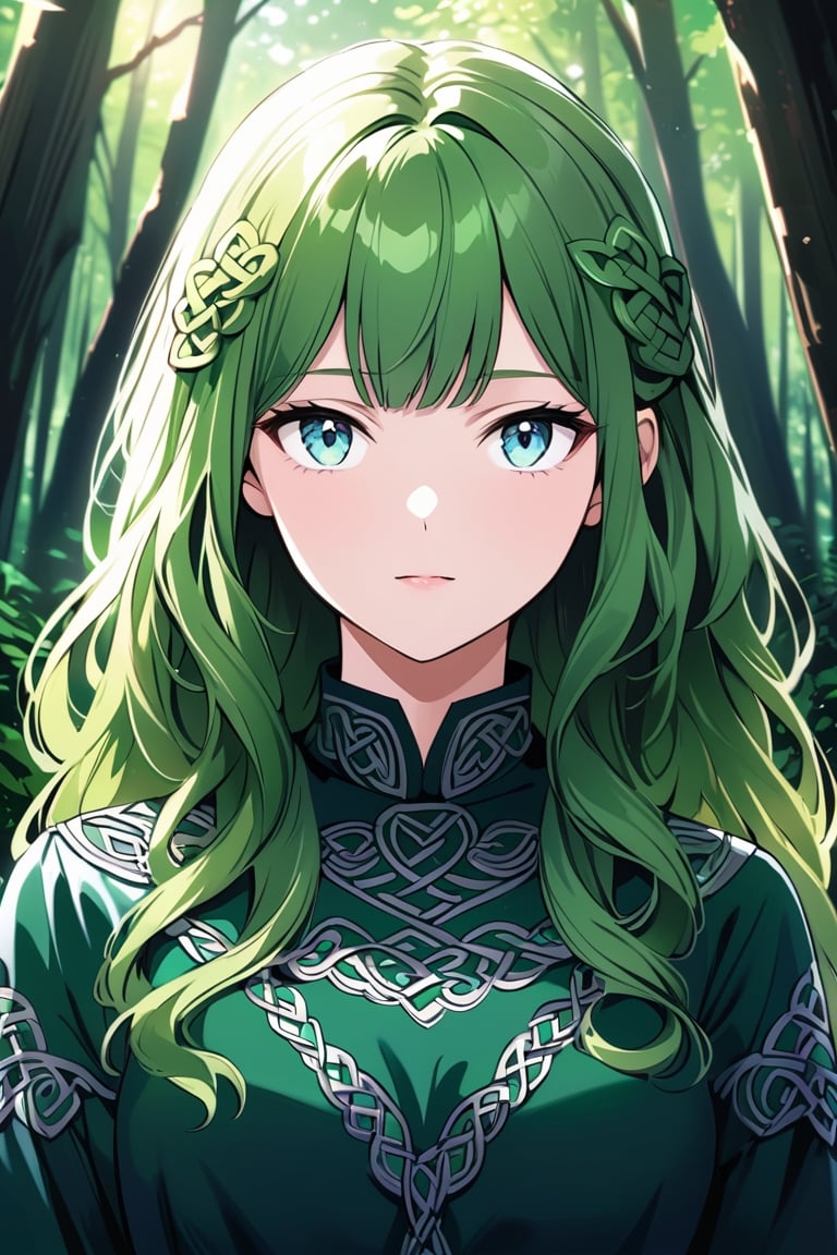 Generate hyper realistic image of a beautiful  celtic girl looking directly at the viewer. green long curly hair ,light blue eyes, Sweet face and gaze, in a green forest background, (intricate details), highly detailed, vibrant, production film, ultra high quality photography style, Extremely Realistic,anime