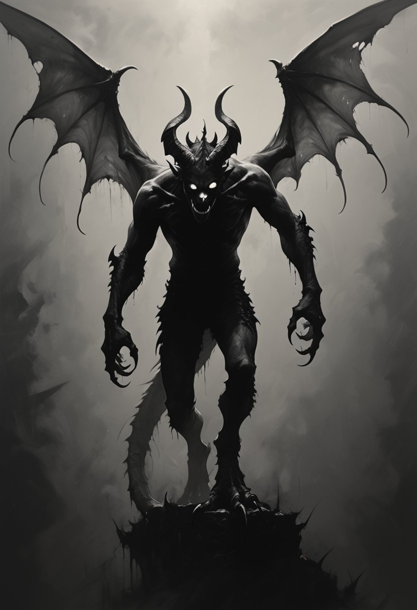 score_9, score_8_up, score_7_up,
txzndevil, solo, 1boy, monochrome, greyscale, male focus, wings, horns, no humans, claws, demon wings, monster, demon, horror \(theme\),masterpiece