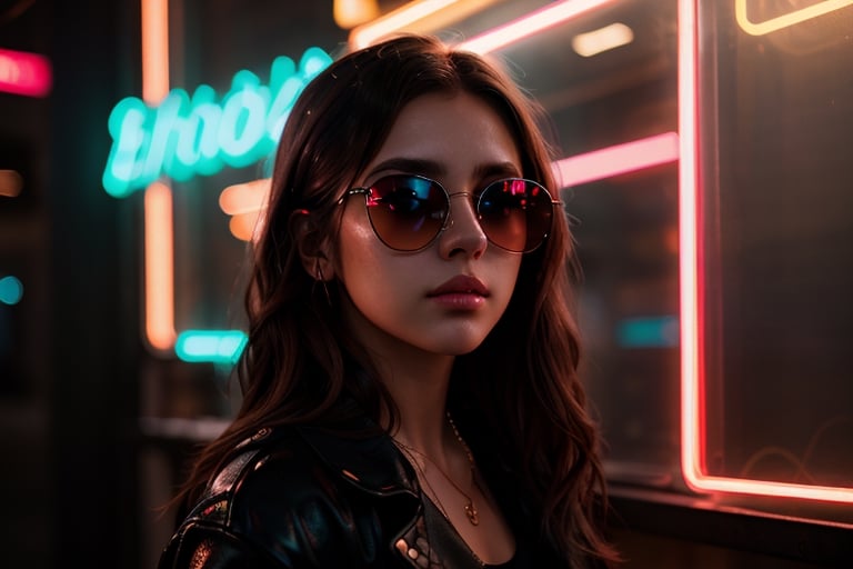 (highres,  realistic:1.2), portrait, beautiful face, gorgeous eyes, full lips, long dark hair, fashionable outfit, confident pose, stylish sunglasses, neon light, atmospheric cinematic background, vibrant colors, soft bokeh, artistic ambiance, subtle lighting, 