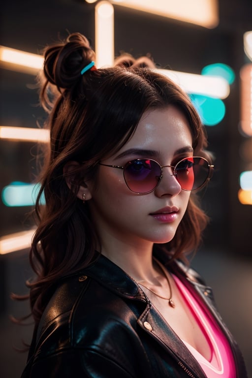 (highres,  realistic:1.2), portrait, beautiful face, gorgeous eyes, full lips, long dark hair, fashionable outfit, confident pose, stylish sunglasses, neon light, atmospheric cinematic background, vibrant colors, soft bokeh, artistic ambiance, subtle lighting, 