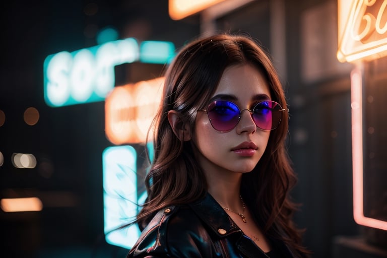 (highres,  realistic:1.2), portrait, beautiful face, gorgeous eyes, full lips, long dark hair, fashionable outfit, confident pose, stylish sunglasses, neon light, atmospheric cinematic background, vibrant colors, soft bokeh, artistic ambiance, subtle lighting, 