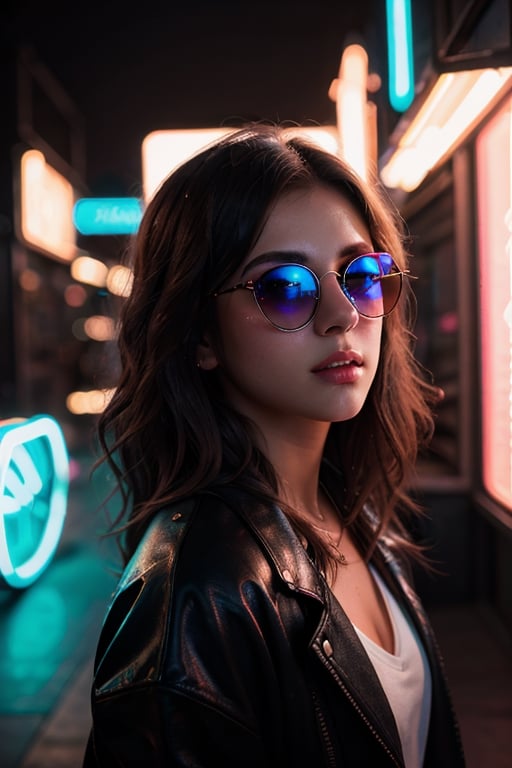 (highres,  realistic:1.2), portrait, beautiful face, gorgeous eyes, full lips, long dark hair, fashionable outfit, confident pose, stylish sunglasses, neon light, atmospheric cinematic background, vibrant colors, soft bokeh, artistic ambiance, subtle lighting, 