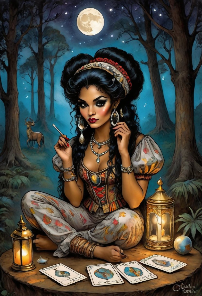 gypsy Carriage is Nacleen and she holds in her hand a tarot card for wisdom. It's night and the full moon is out as she kneels in the forrest. Her piercing eyes glow as she psychically reads the cards, Nacleen is dressed in circus attire from the 1800s and is of Hawaiian and Black ancestry 4 cards