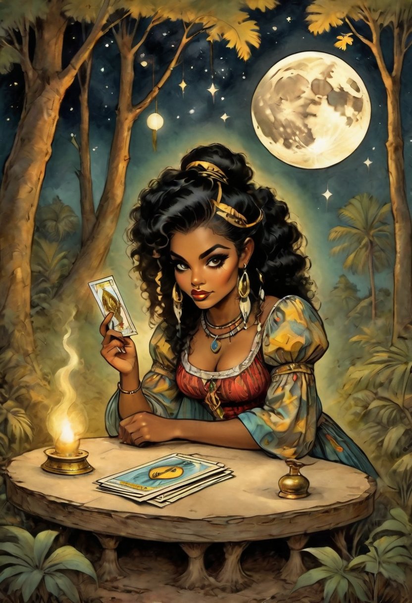 The character is Nacleen and she holds in her hand a tarot card for wisdom. It's night and the full moon is out as she kneels in the forrest. Her piercing eyes glow as she psychically reads the cards, Nacleen is dressed in circus attire from the 1800s and is of Hawaiian and Black ancestry