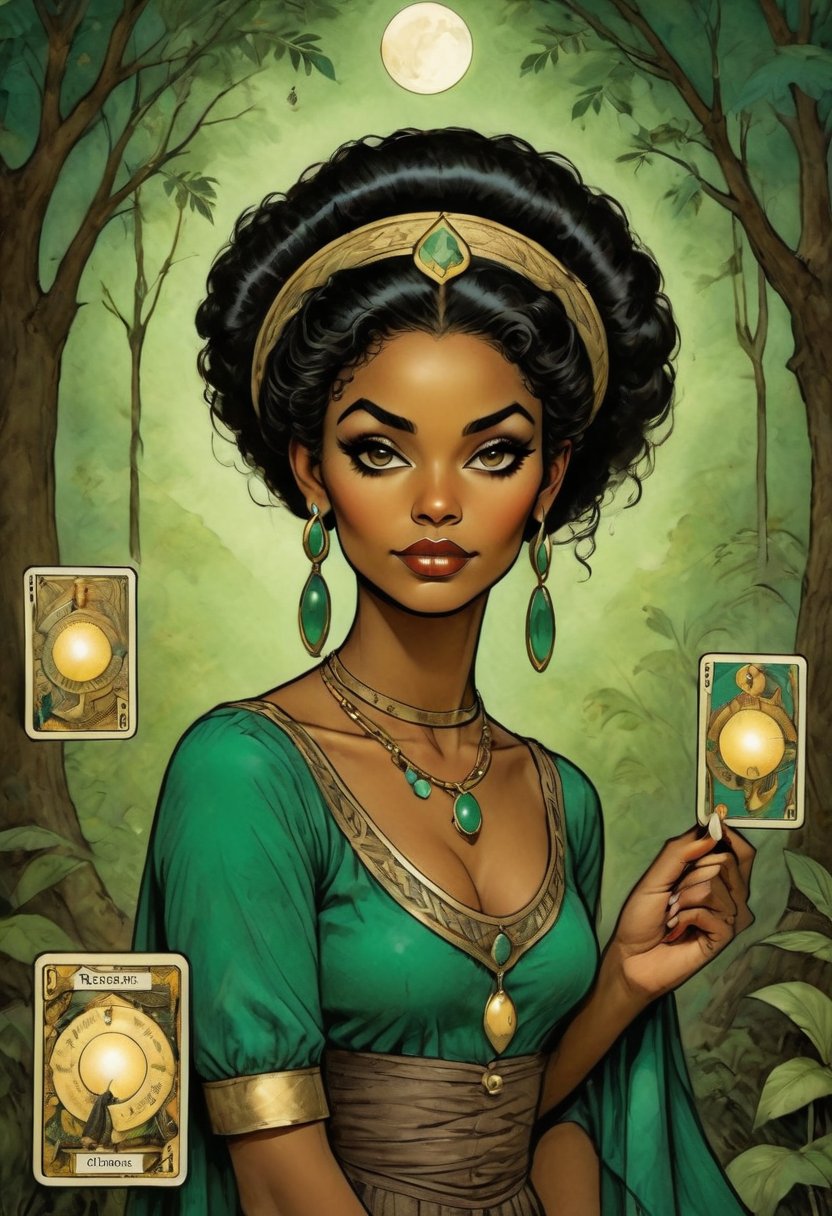 The character is Nacleen and she holds in her hand 10 tarot card for wisdom. It's night and the cresent moon is out as she dances in the forest. Her piercing eyes glow as she psychically reads the cards, Nacleen is dressed in circus attire from the 1800s and is of Hawaiian and Black ancestry, 10 of cards, emerald bangle earrings she wears