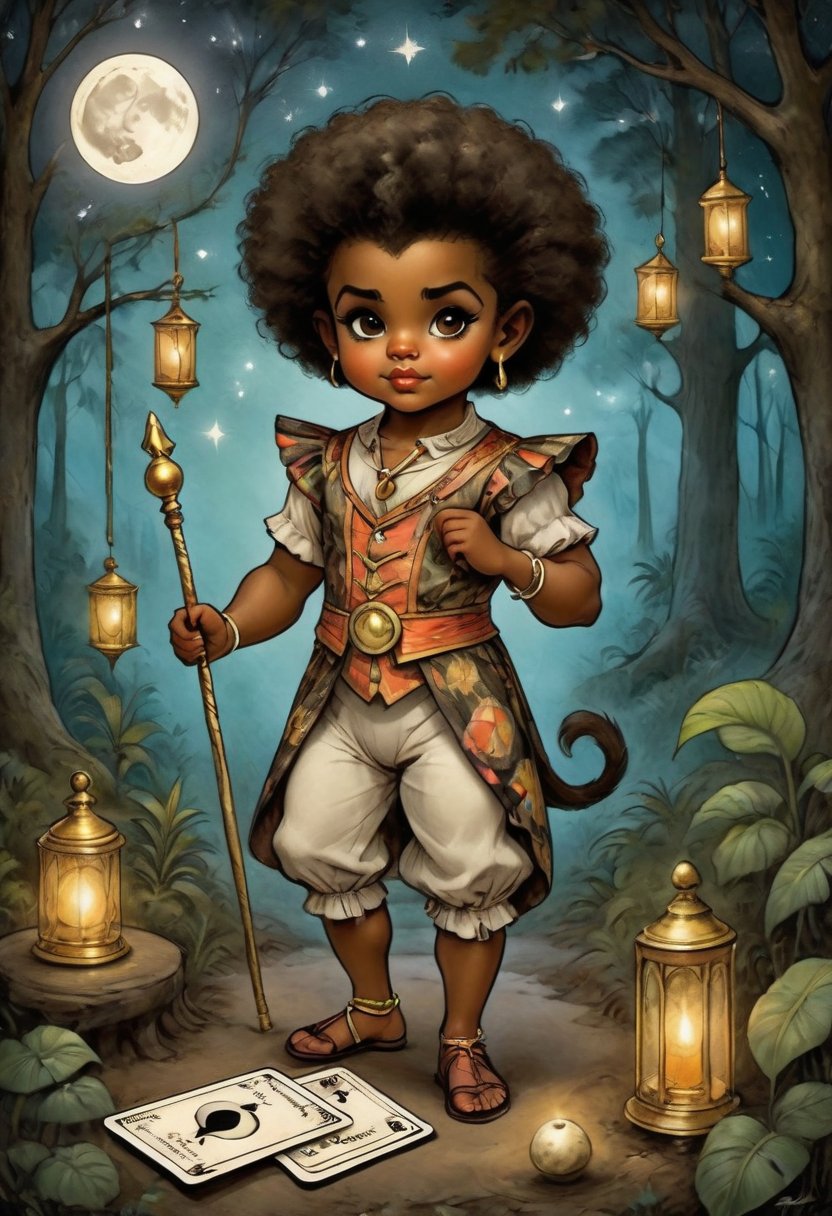 boy baby man  character is Nacleen and he holds in his hand a tarot card for wisdom. It's night and the full moon is out as he dancing in the forest. His piercing eyes glow as he psychically reads the cards, Nacleen is dressed in circus attire from the 1800s and is of Hawaiian and Black ancestry