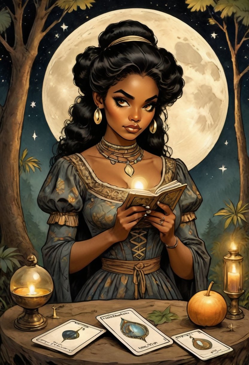 The character is Nacleen and she holds in her hand a tarot card for wisdom. It's night and the full moon is out as she kneels in the forest. Her piercing eyes shine as she psychically reads the tarot cards, Nacleen is dressed in 1800s attire and is of Hawaiian and Black ancestry