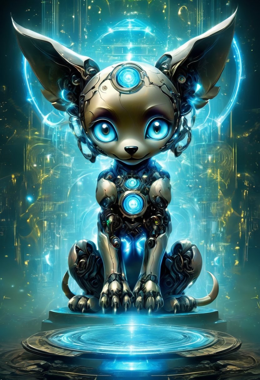 Tenten robot puppy, anime, cartoon, childlike mascot for tensor art named TenTen, magical Tenten mascot, tarot card, shadowy tenten caravan Modern art style on the theme of paradise in style of Stefan Gesell, golden ratio. bioluminescent chiaroscuro transparency,  chakra,  with aura glow delicate  glacial chakracatcher that is a portal.