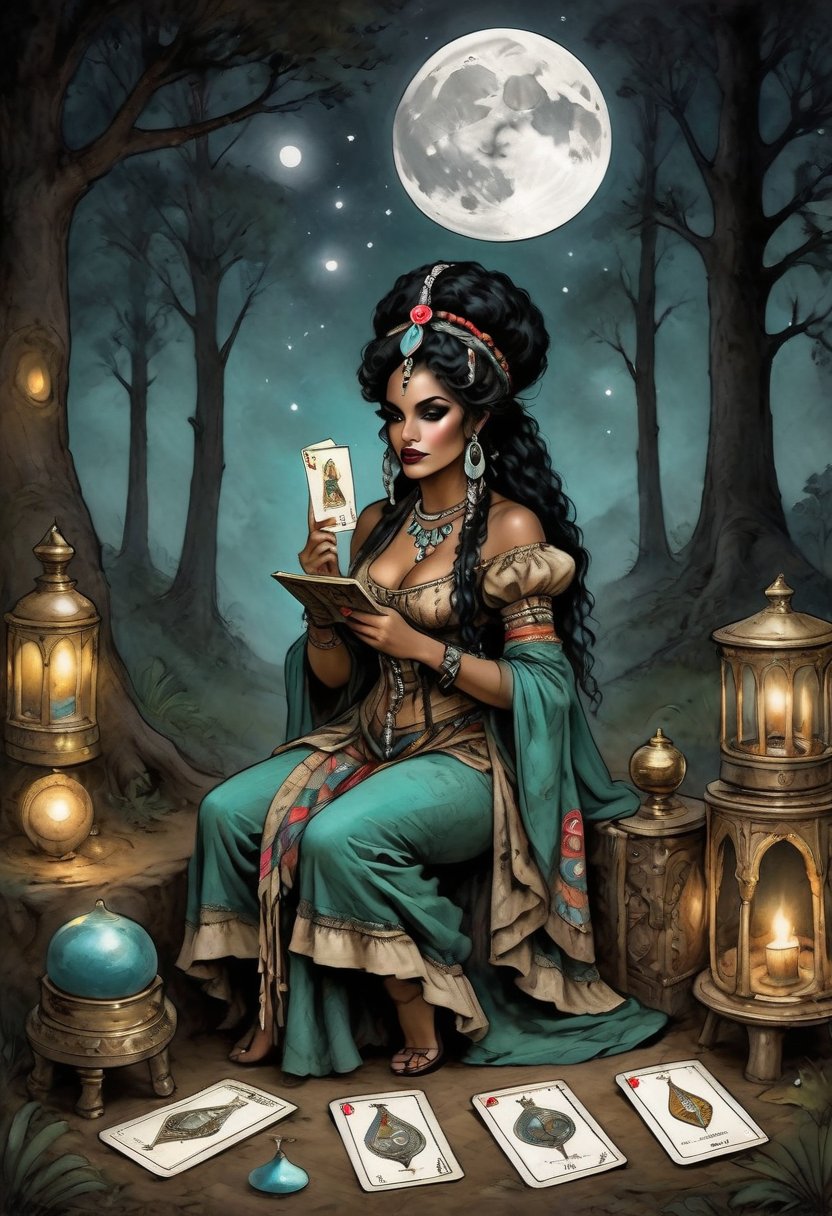 full body long view shot gypsy Carriage is Nacleen and she holds in her hand a tarot card for wisdom. It's night and the full moon is out as she kneels in the forrest. Her piercing eyes glow as she psychically reads the cards, Nacleen is dressed in circus attire from the 1800s and is of Hawaiian and Black ancestry 4 cards