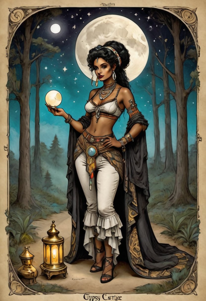 full body long view shot gypsy Carriage is Nacleen and she holds in her hand a tarot card for wisdom. It's night and the crescent moon is out as she backwards in the forest. Her piercing eyes glow as she psychically reads the cards, Nacleen is dressed in circus attire from the 1800s and is of Hawaiian and Black ancestry 4 cards