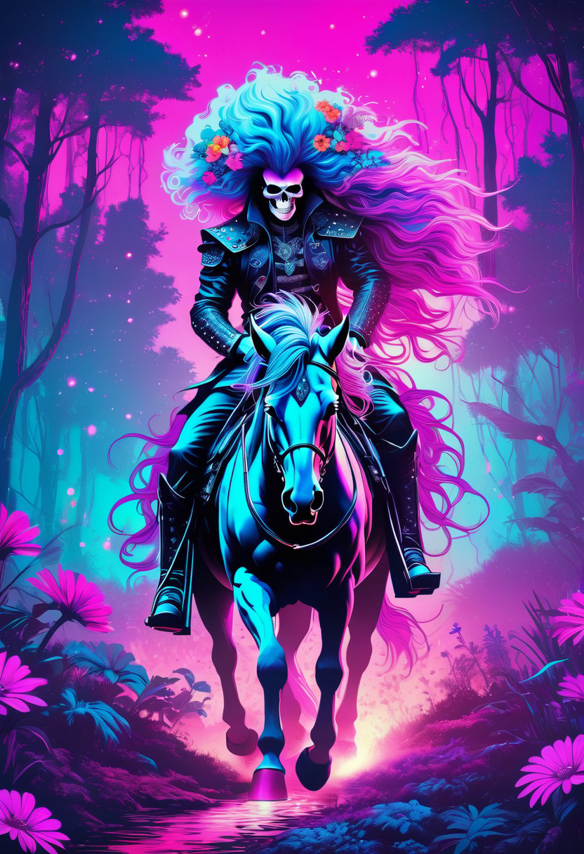 bioluminescence death rider, with fantasy flowers in mane hair, living in a fantasy forest filled with magical flowers and trees, synthwave, colorful background, heavenly, aetherpunk, minimalist,