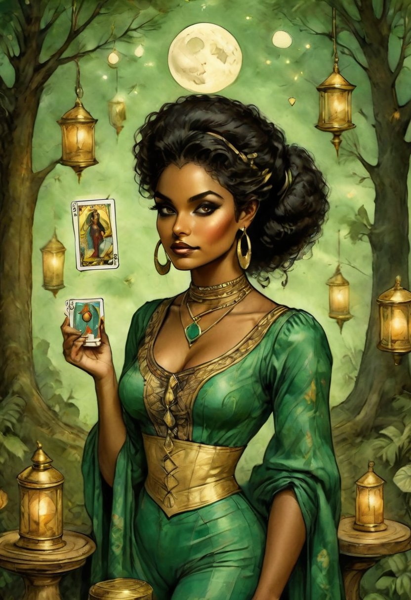 The character is Nacleen and she holds in her hand 10 tarot card for wisdom. It's night and the cresent moon is out as she dances in the forest. Her piercing eyes glow as she psychically reads the cards, Nacleen is dressed in circus attire from the 1800s and is of Hawaiian and Black ancestry, 10 of cards, emerald bangle earrings she wears tarot cards