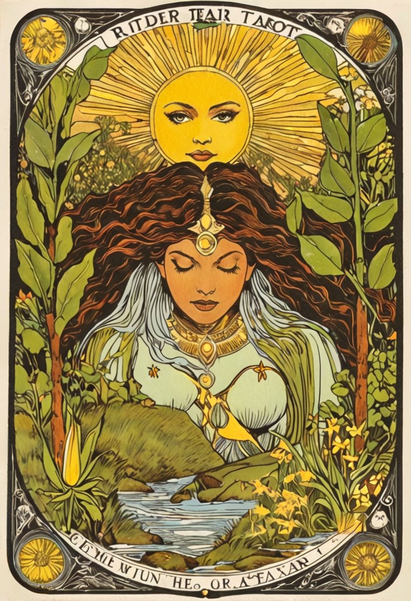  in the style of the original rider-waite tarot deck rider-waite tarot card the world major arcana tarot card black baby girl, mother nature gaia