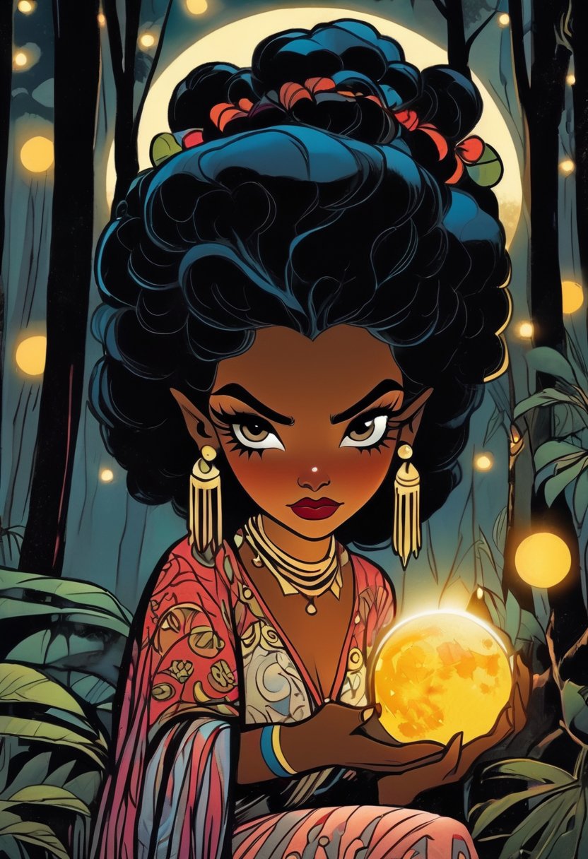 The character is Nacleen and she holds in her hand a tarot card for wisdom. It's night and the full moon is out as she kneels in the forest. Her piercing eyes glow as she psychically reads the cards, Nacleen is dressed in circus attire from the 1800s and is of Hawaiian and Black ancestry