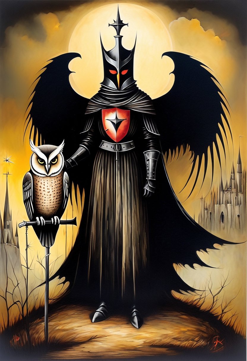  black knight and half owl tarot card  , in the style of esao andrews