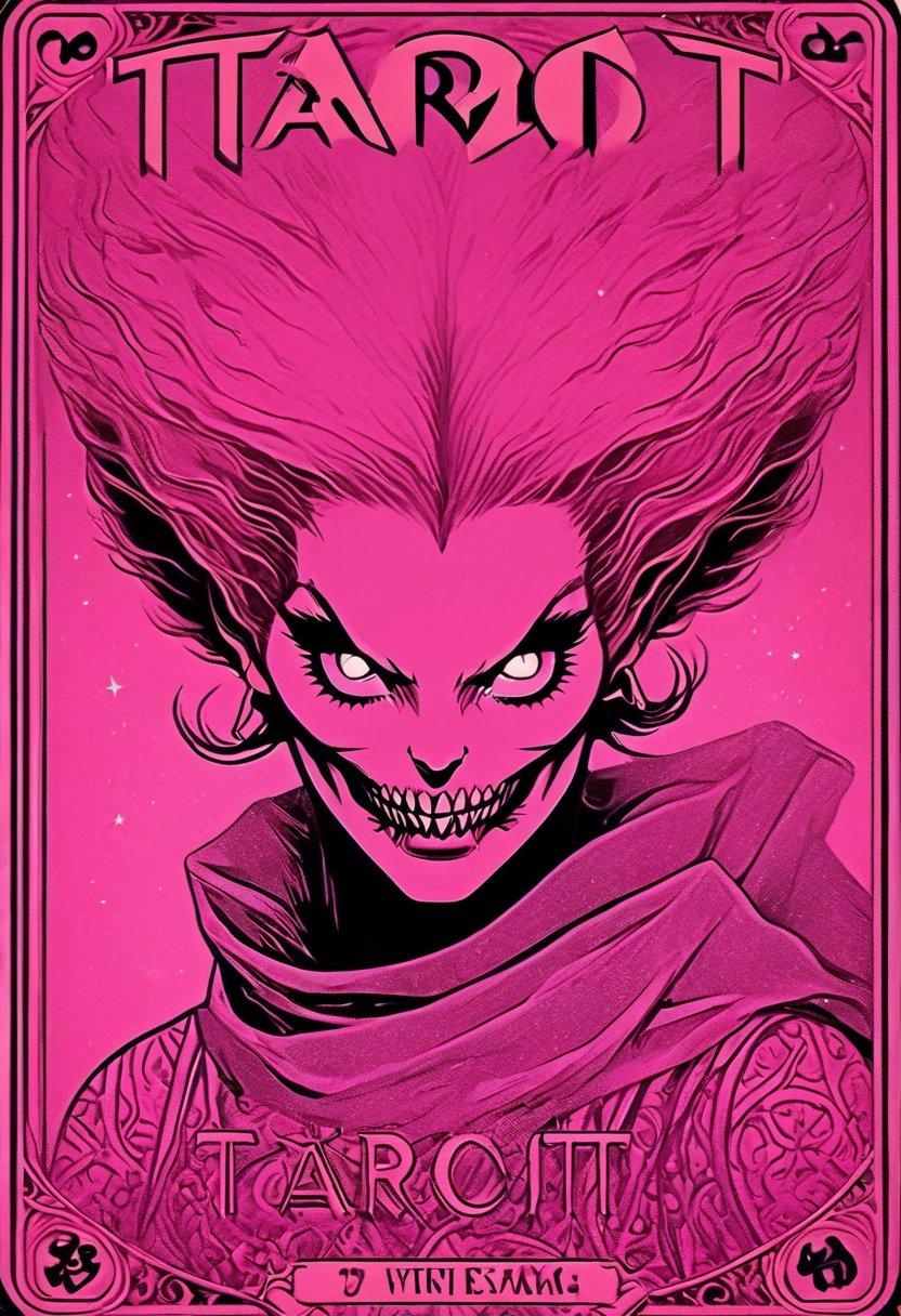 a pink tarot card with a picture of a woman, a poster by Zoë Mozert, tumblr contest winner, symbolism, tarot card, anime aesthetic, hellish background
,text logo,moonster,Vogue,portraitart