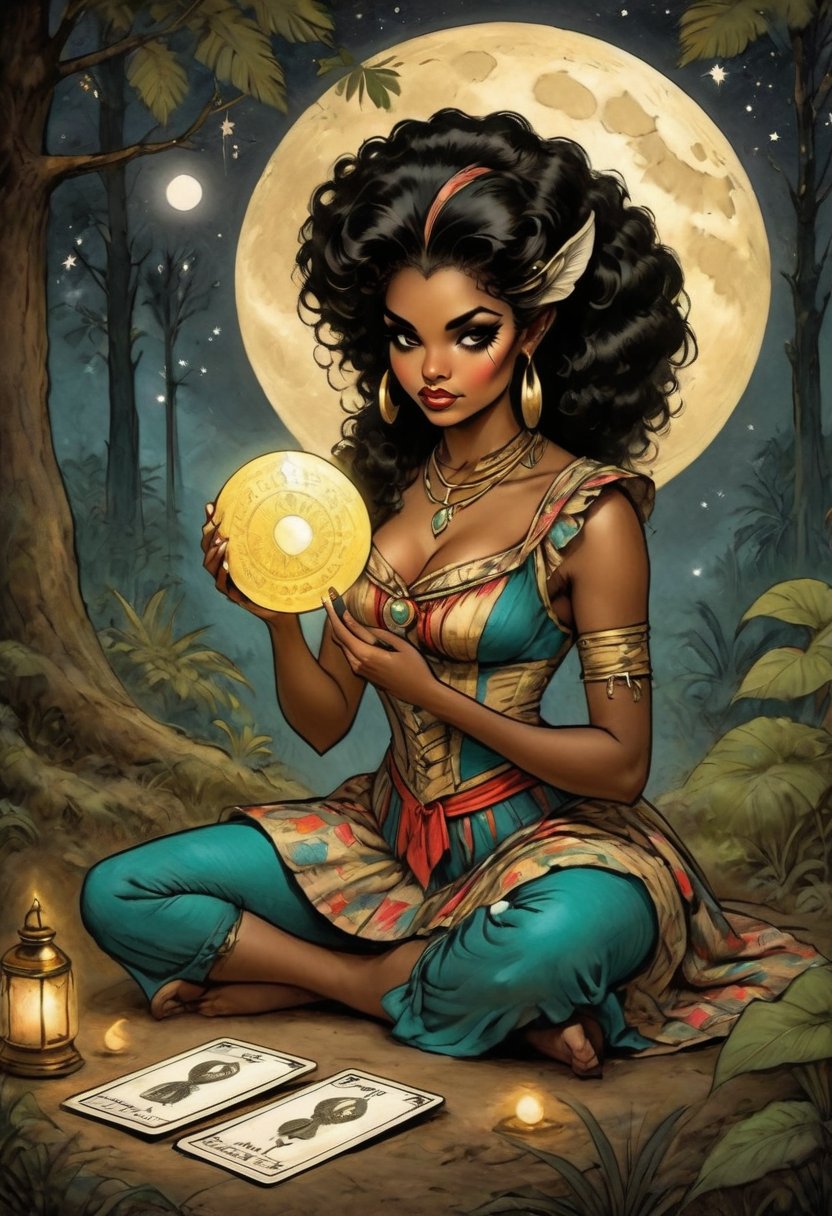 The character is Nacleen and she holds in her hand a tarot card for wisdom. It's night and the full moon is out as she kneels in the forrest. Her piercing eyes glow as she psychically reads the cards, Nacleen is dressed in circus attire from the 1800s and is of Hawaiian and Black ancestry