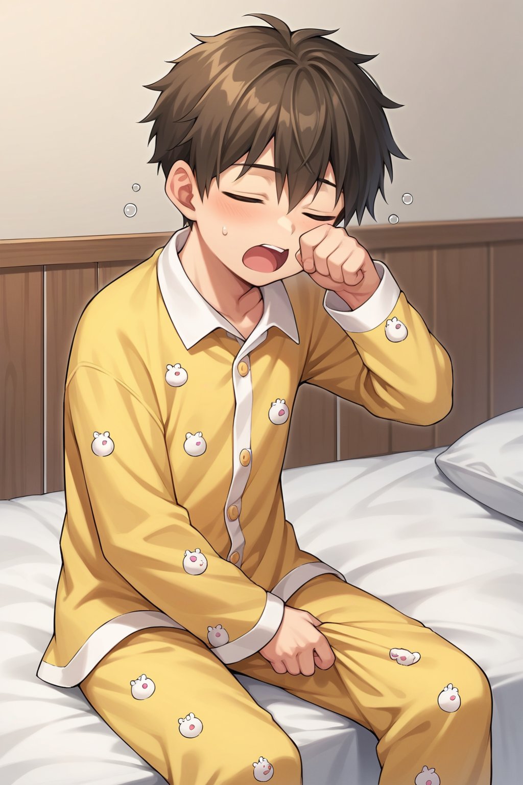 score 9, score 8 up, score 7 up, score 6 up, source anime, young boy waking up and lifting from bed using pajamas and sleepy expression and yawning, sitting on bed, scratching his eyes