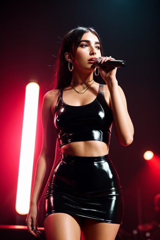 8k , cinematic photography, mood lighting,Singer dua lipa, wearing tight black bodycon, latex, super realistic , sharp focus 