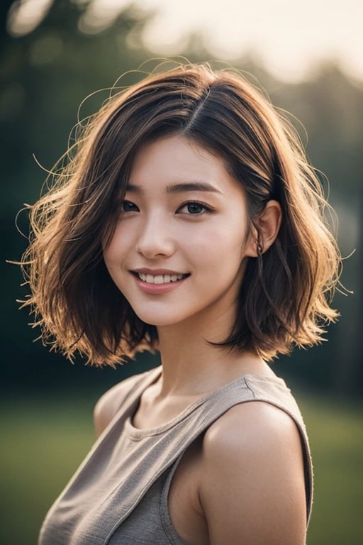 a 20 yo woman, brown hair,long hair,Wavy hair, (hi-top fade:1.3), dark theme, soothing tones, muted colors, high contrast, (natural skin texture, hyperrealism, soft light, sharp),light smile,