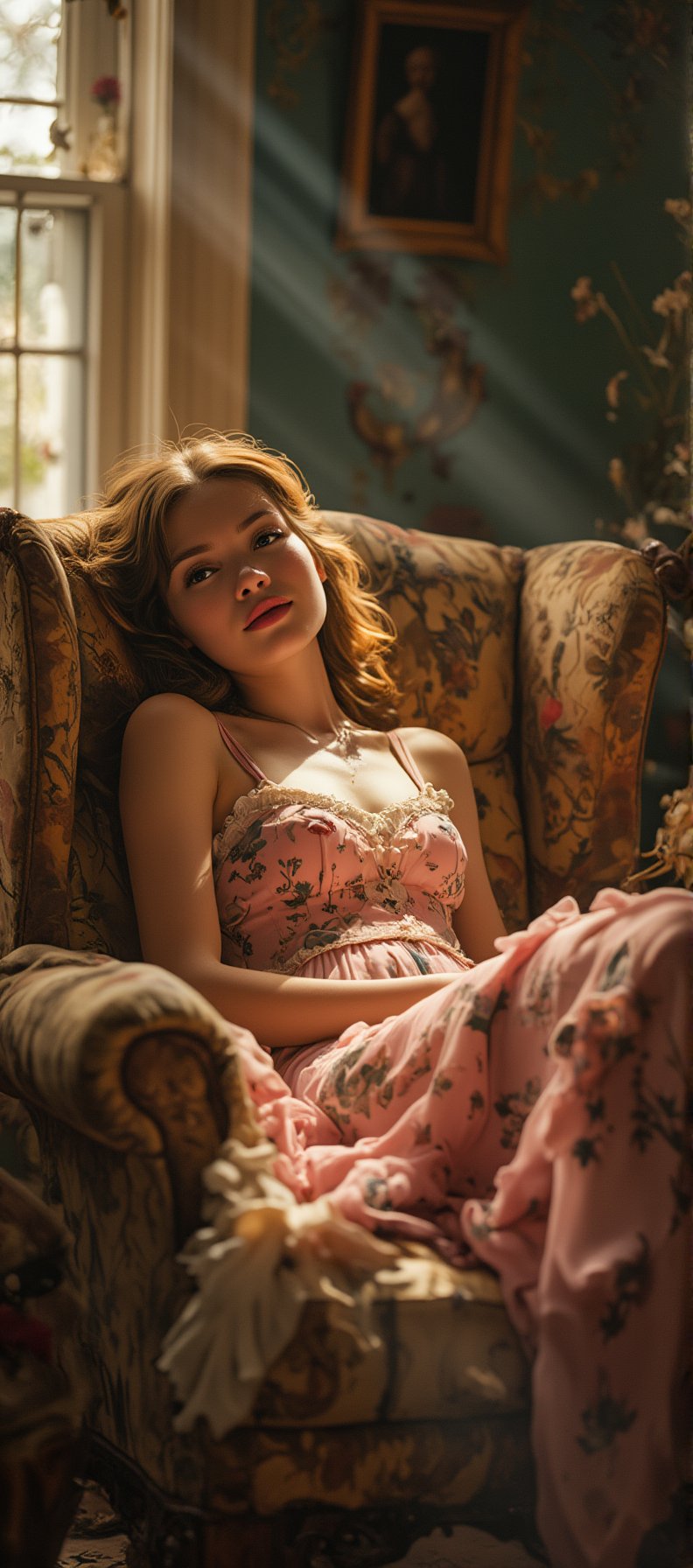 The image radiates an inexplicable warmth and a sense of timelessness. The young woman, gently reclining in an antique armchair, seems to merge with the atmosphere of the room, which carries the imprint of a bygone era. The rays of the afternoon sun play upon the velvet texture of her skin, and the light weaves through her hair like golden threads, filling the space with a serene and sensual glow.

Her dress, adorned with delicate floral patterns, complements the feeling of natural beauty and grace. Her expression, slightly relaxed and dreamy, reveals a moment of pure tranquility and pleasure, captured as if by the hand of time itself. This is a moment where the viewer feels drawn in, like an unintentional witness to this intimate dance between light and shadow. A piece that captures not just the beauty of form but of spirit, inviting us to immerse in the gentle magic of the present