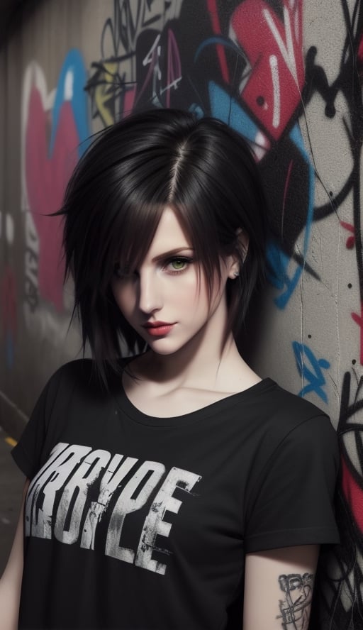 perfecteyes,  emo hair,  emo style, half body,  emo girls,  bad life,  dark,  sad, graffiti background, t shirt