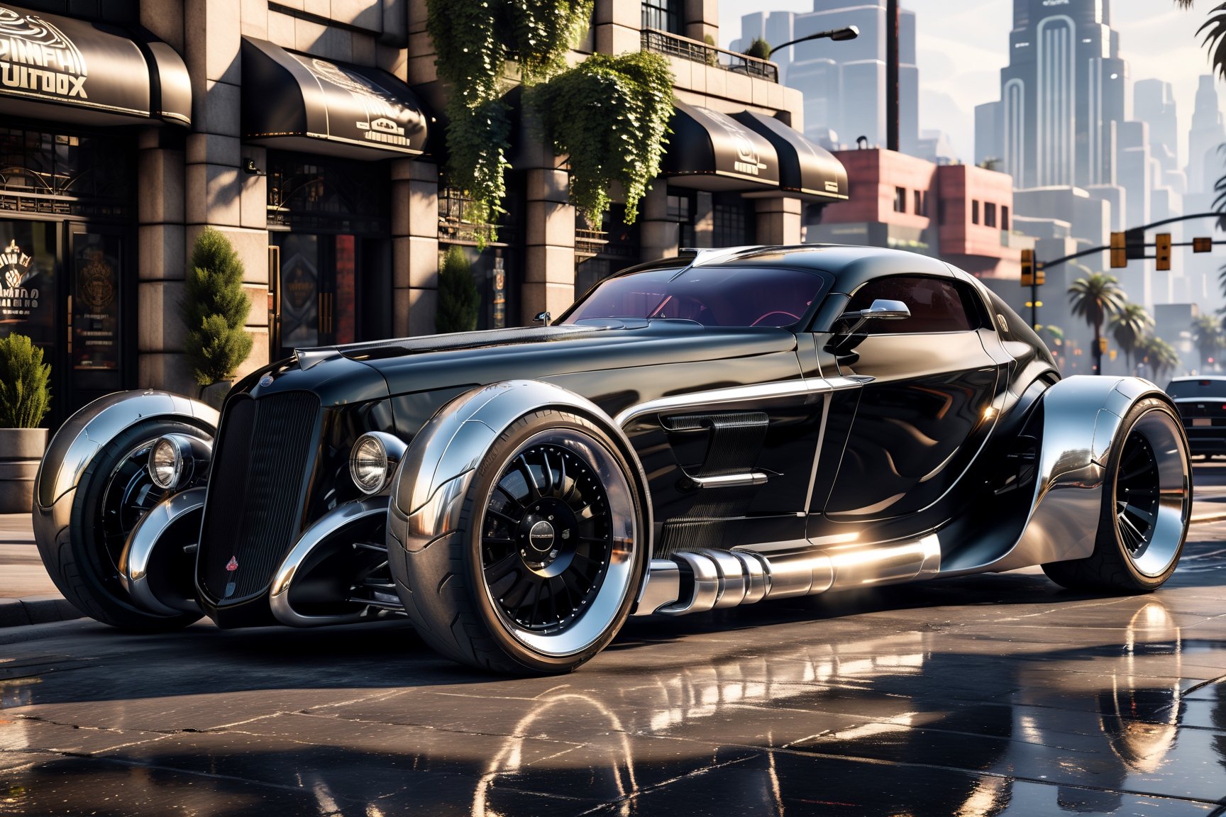 A futuristic hi-tech hot rod inspired by, z type Gta5 Sleek Art deco-inspired, smooth body work, larger rear wheels, Shiny black and Silver Chrome Exhaust pipes, (((Black wheels))),  black rubber tyres, on the road in city area background, at Midday time, Front Side view, symmetrical, ,more detail XL