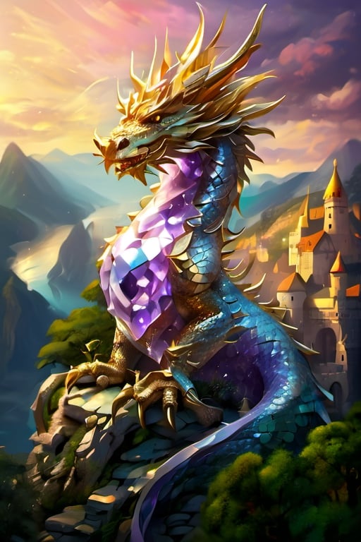 A Crystal Amethyst Dragon Sitting on top of a temple overlooking a medieval village ,Dragon