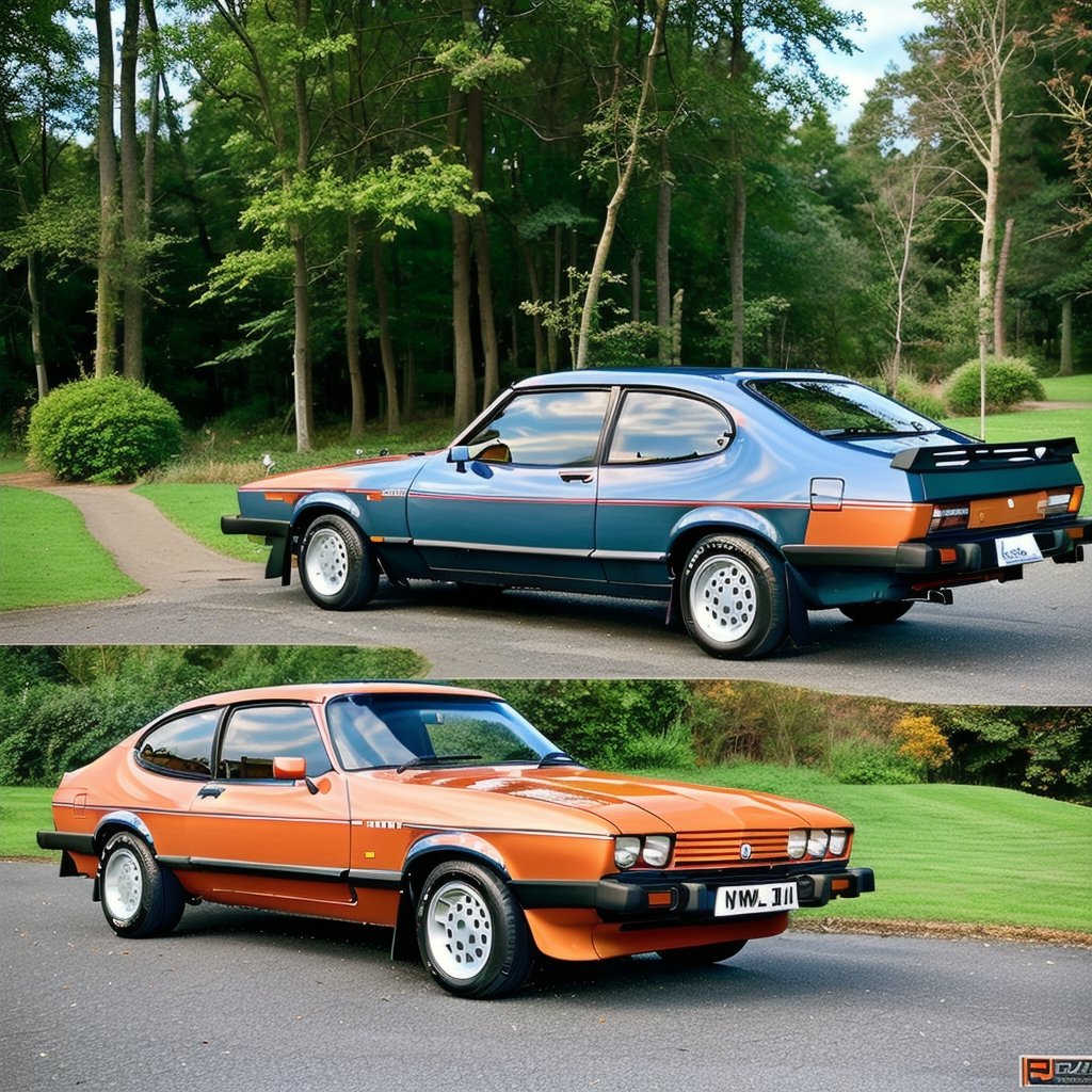 A  futuristic photorealistic image of a Brooklands green 1981 Capri, body kit sitting in middle of quiet forest, Black wheels car photography, 8k, unreal engine, full body photo, masterpiece,detailmaster2,2.8iCapri