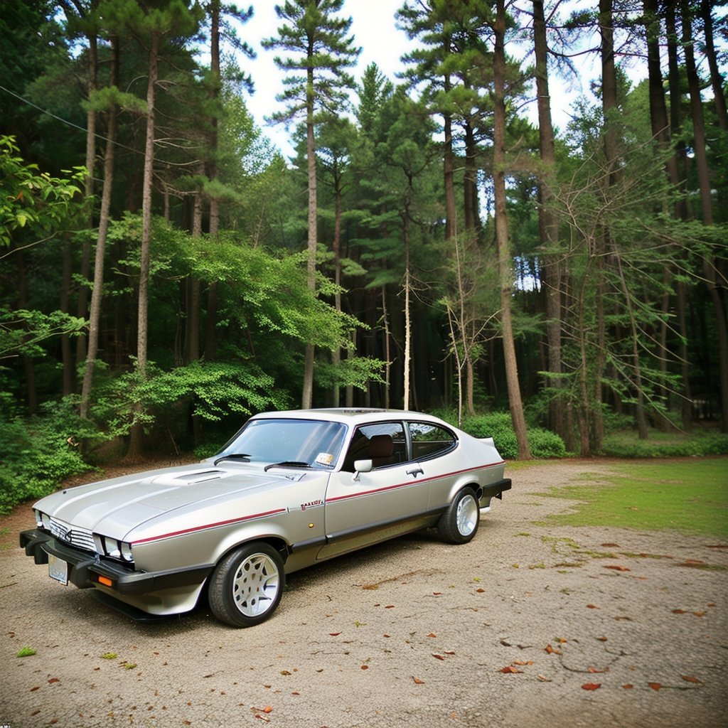 A photorealistic image of a Black 1981 Capri body kit sitting in middle of quiet forest, car photography, 8k, unreal engine, masterpiece,detailmaster2,2.8iCapri