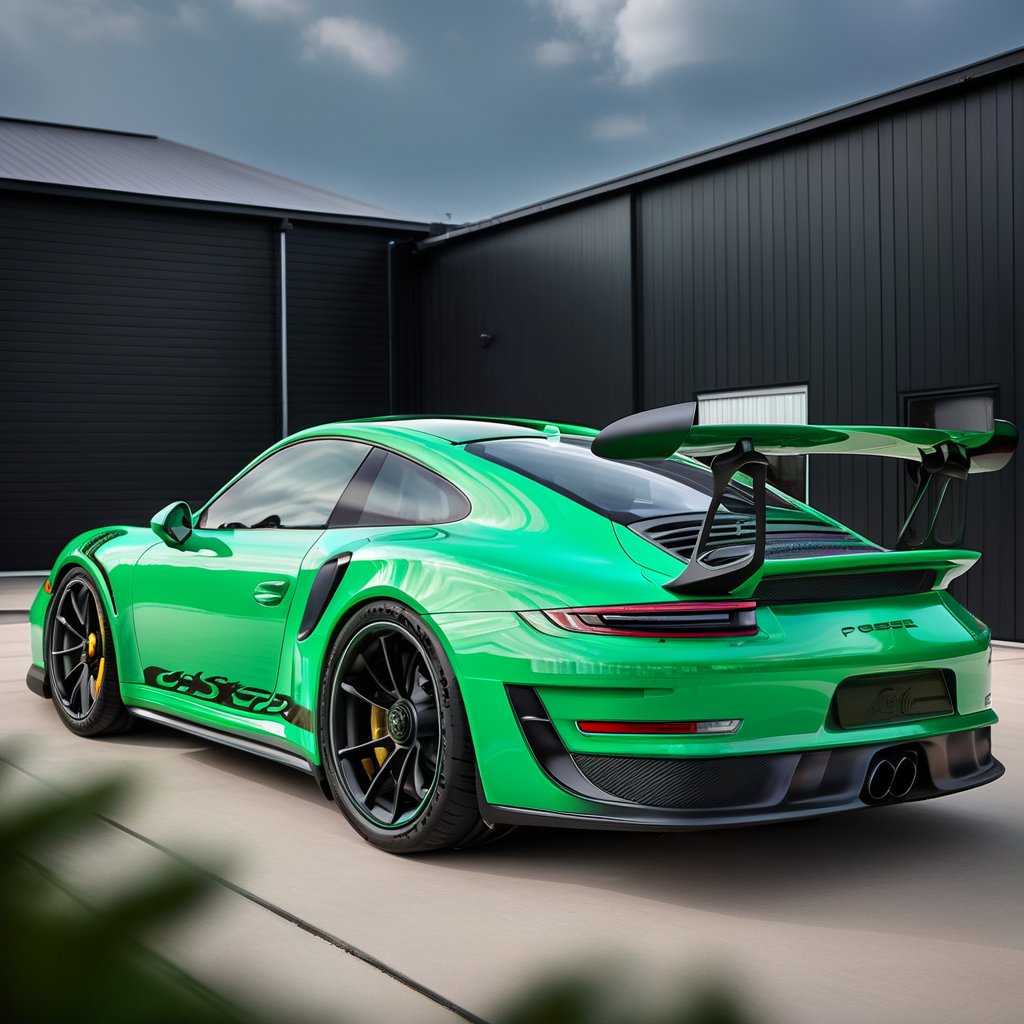 In a breathtakingly clear 8K high-resolution image, a sleek Green coloured Porsche 911 with black carbon hood, sits majestically outside of a garage at a race track, The sun shines brightly overhead, casting a warm glow on the vehicle's perfect wheels and precision-cut lines. Framed by the building's sleek facade, the 911 takes center stage, a rear view showing its powerful stance accentuated by the subtle curvature of the showroom's architecture.,Porsche