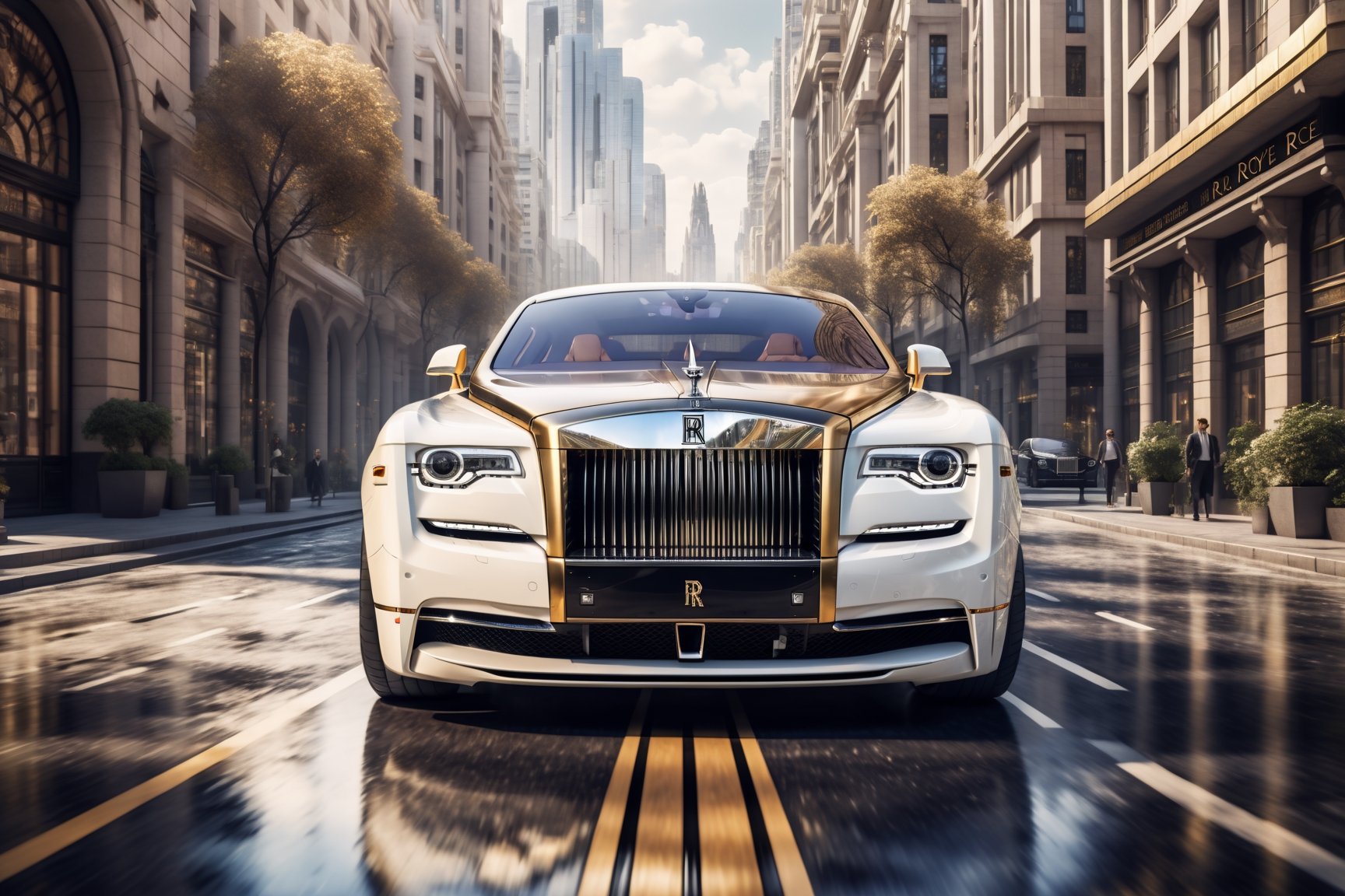 A futuristic hi-tech Rolls Royce Super Car inspired by, Art Deco, Retro-inspired Super Car, White and Gold, ((Black wheels)),
on the road in city area background, at Midday time, front view, symmetrical, ,H effect