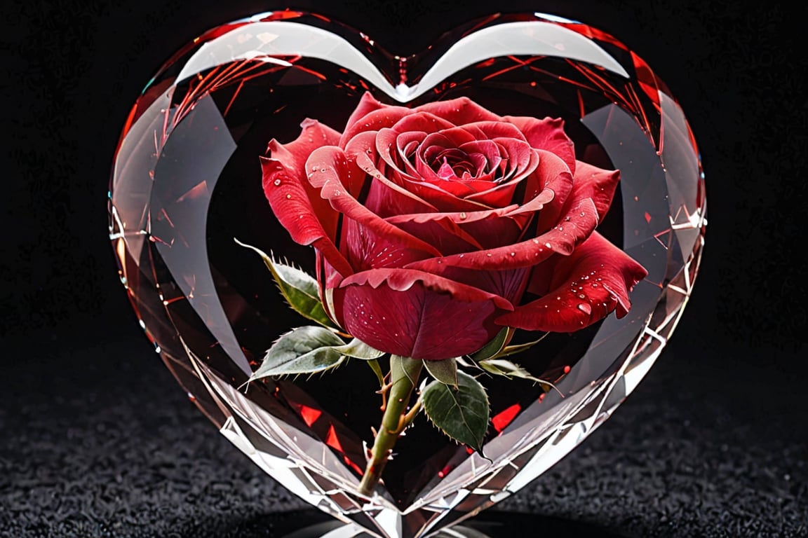 high quality, 8K Ultra HD, red rose  inside a Heart made of crystal, by yukisakura, high detailed,