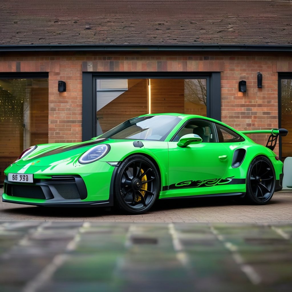 In a breathtakingly clear 8K high-resolution image, a sleek Green coloured Porsche 911 with black carbon hood, sits majestically outside of a garage showroom, The sun shines brightly overhead, casting a warm glow on the vehicle's perfect wheels and precision-cut lines. Framed by the building's sleek facade, the 911 takes center stage, a rear view showing its powerful stance accentuated by the subtle curvature of the showroom's architecture,  ((full vehicle image)), ,Porsche