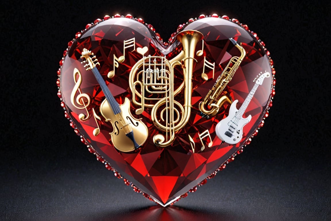 high quality, 8K Ultra HD, Lots of musical note symbols and instruments inside an red Heart made of crystal, by yukisakura, high detailed,
