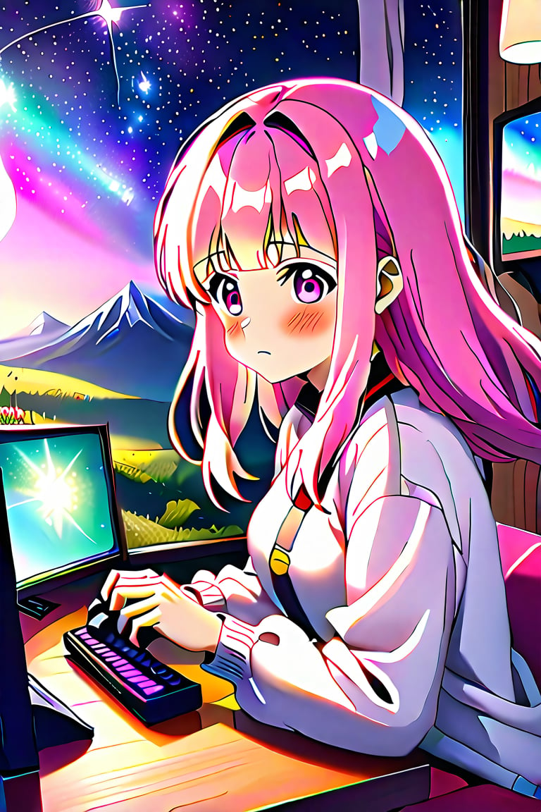 A close-up shot of a cute anime girl sitting in front of a fantasy RPG game console, with a controller in hand and a wide-eyed expression. Soft pastel colors illuminate her features, with gentle highlights on her bright pink hair. The background is a whimsical illustration of rolling hills, sparkling stars, and floating magical symbols, creating a sense of wonder and adventure.