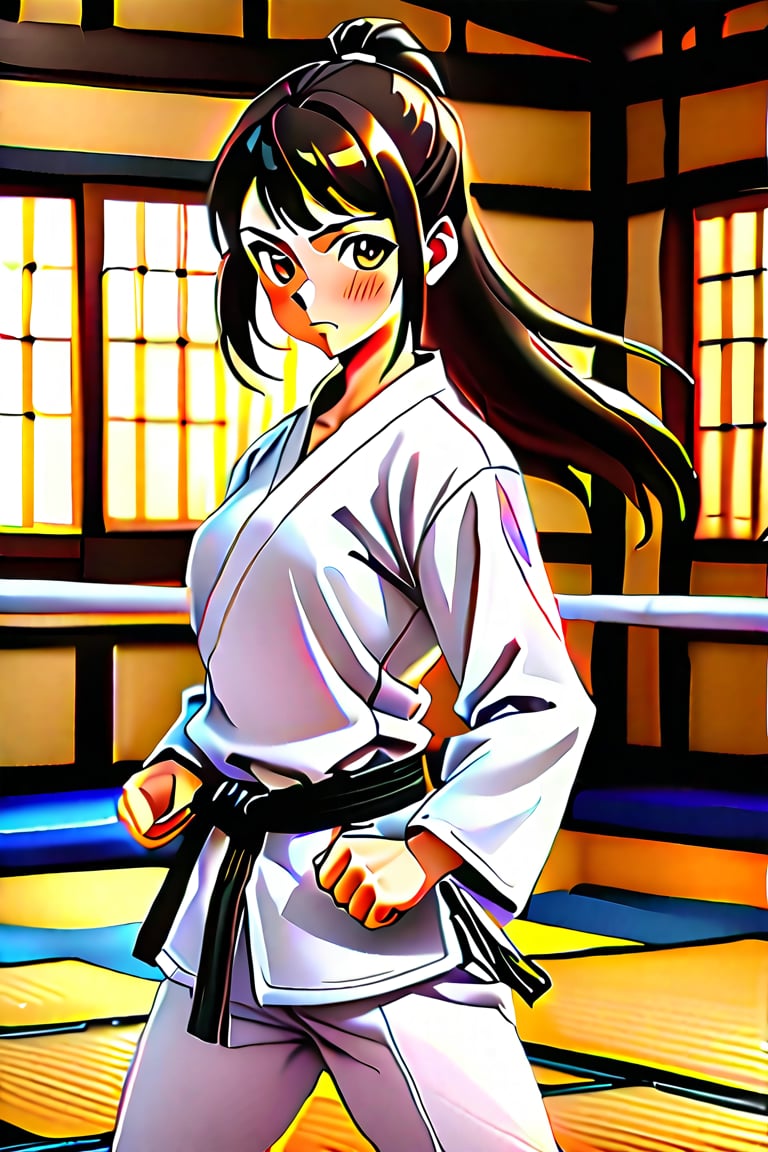 An Anime girl in a Karate dojo doing karate 