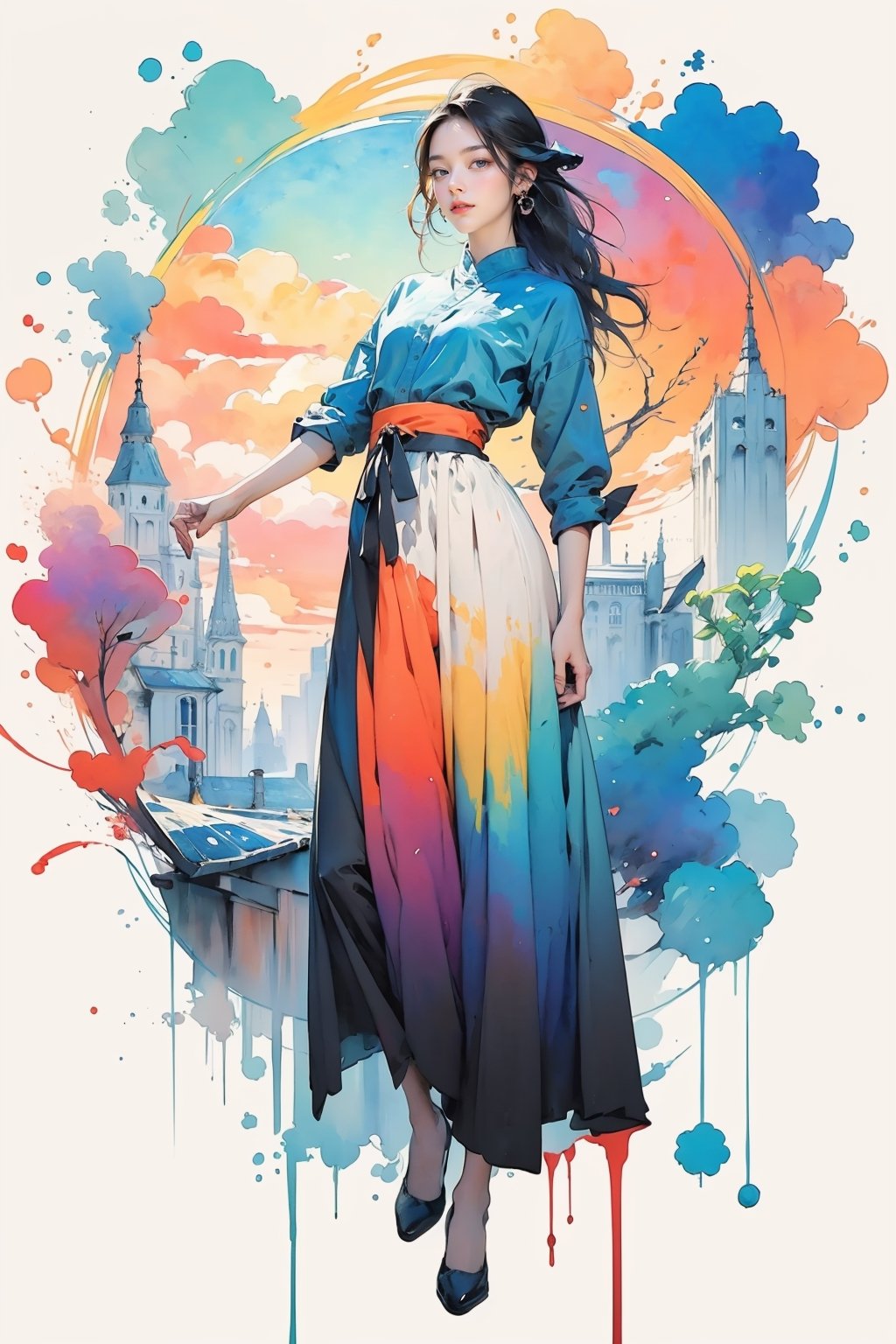 extreme detailed, (masterpiece), (top quality), (best quality), (official art), (beautiful and aesthetic:1.2), (stylish pose), (1 woman), (colorful), (multicolor theme: 1.5), ppcp, medium length skirt, 	looking into distance, long wave black hair, 
perfect,ChineseWatercolorPainting,Chromaspots,fairy,pastelbg