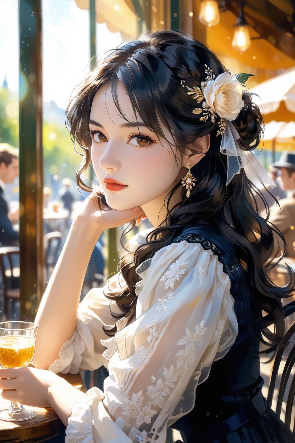 Elegantism, opulent scene, a beautiful girl sitting in a sunny European Cafe with tables outside golden summer light, Pierre Auguste Renoir style, Impressionism, stunning intricate details.t, 8k resolution. (masterpiece, top quality, best quality, official art, beautiful and aesthetic:1.2), (1girl:1.4), upper body, black hair, strong backlight, portrait, extreme detailed, enhance the outlines, super wide angle, high angle, high color contrast, medium shot, depth of field, blurry background, simple background, bokeh,impressionist painting
