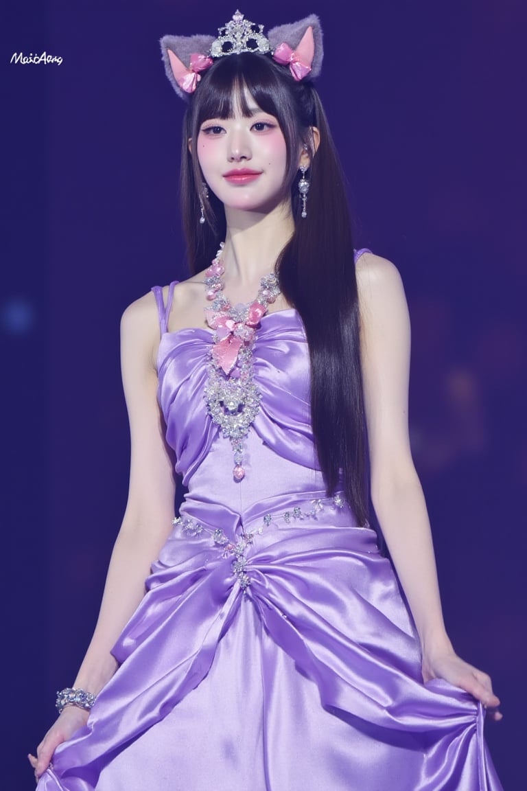 a photograph of JWY, young asian woman, looking at viewer, wearing purple princess skirt, on stage, best quality, high detail.